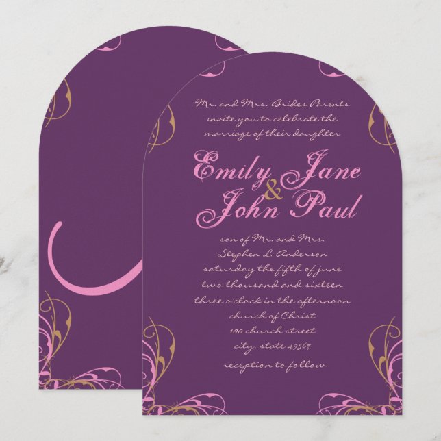 Deep Grape Coral Lilac Flower Wedding Invitation (Front/Back)
