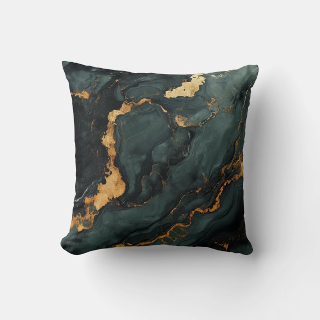 Deep Green and Gold Marble Decorative Throw Pillow (Front)
