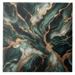 Deep Green and Ivory Flowing Marble Effect Tile