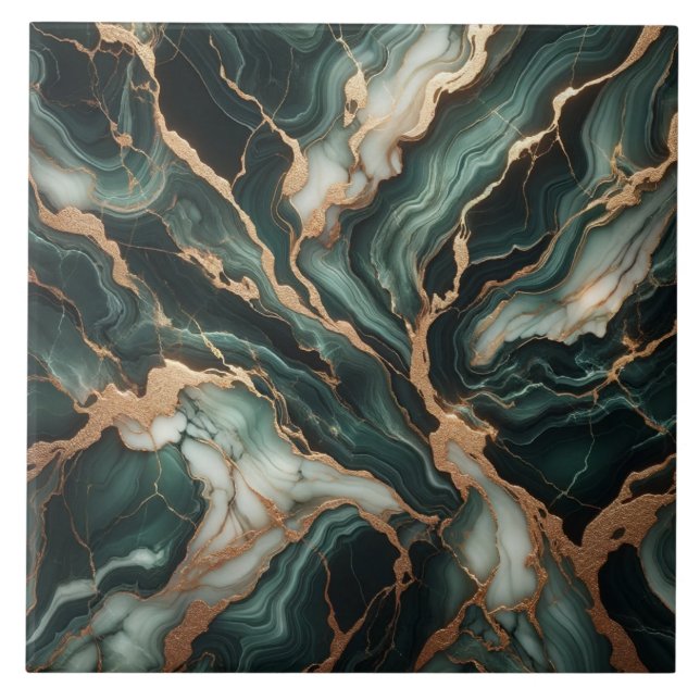 Deep Green and Ivory Flowing Marble Effect Tile (Front)