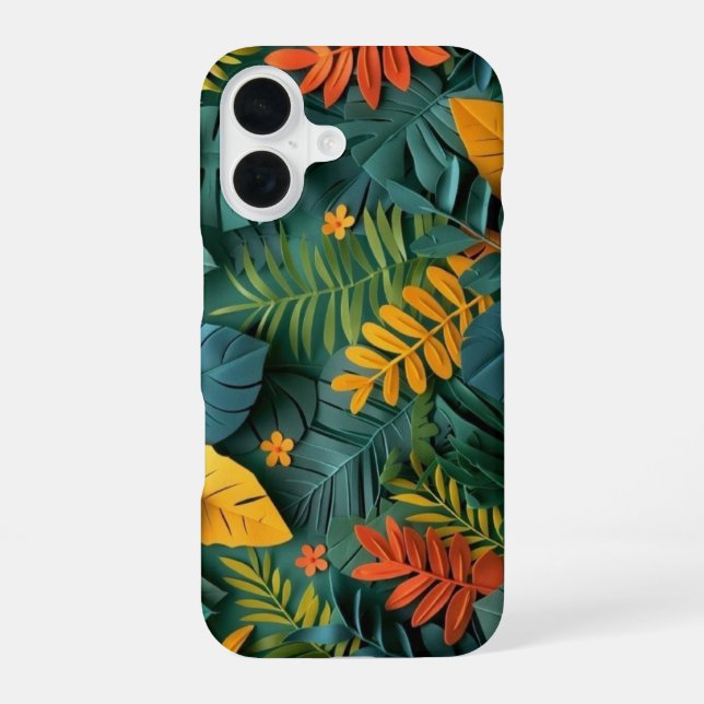 Deep Green and Orange Paper-Cut Tropical Jungle iPhone 16 Case (Back)
