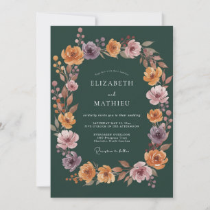 Deep Green Autumnal Floral Wedding Invitation