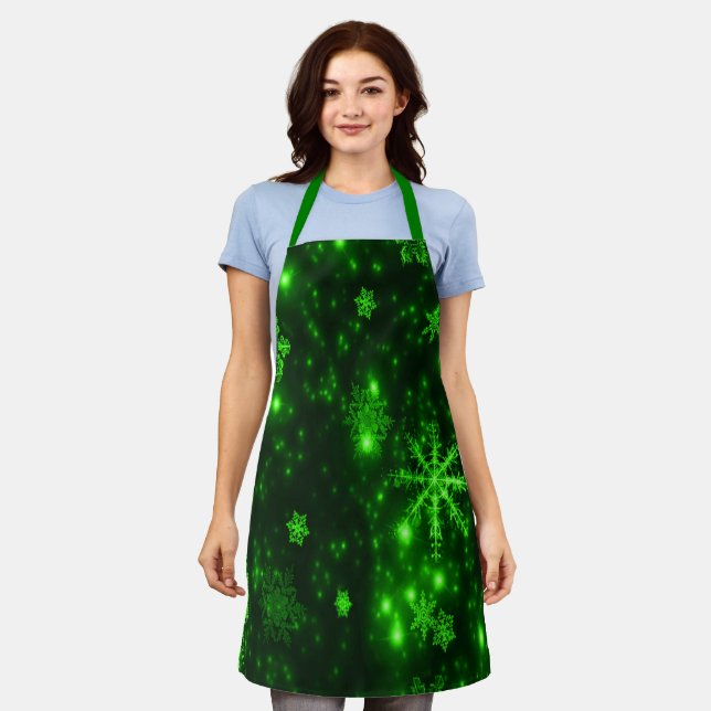 Deep Green Bright Snowflakes Holidays Medium Apron (Worn)