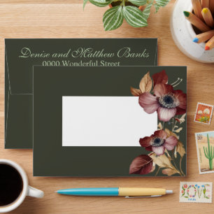 Deep Green Burgundy Floral Wedding Envelope