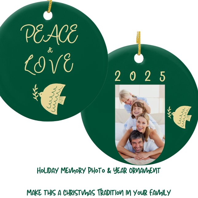 Deep Green, Butter Yellow & Gold Christmas Photo Ceramic Tree Decoration (Creator Uploaded)