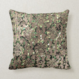 Deep Green Damask Skinny Glas Blush Sequin Bronze Cushion