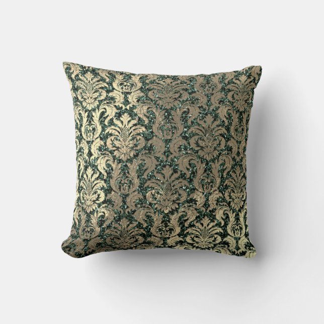 Deep Green Damask Skinny Glass Glitter Metal Gold Cushion (Front)
