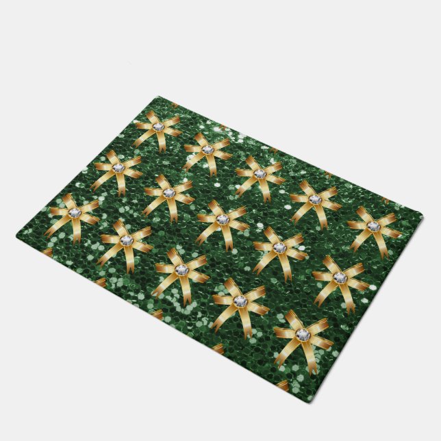 Deep Green Faux Glitter Gold Diamond Bows Doormat (Angled)