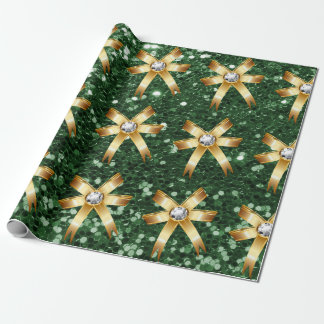 Deep Green Faux Glitter Gold Diamond Bows Wrapping Paper