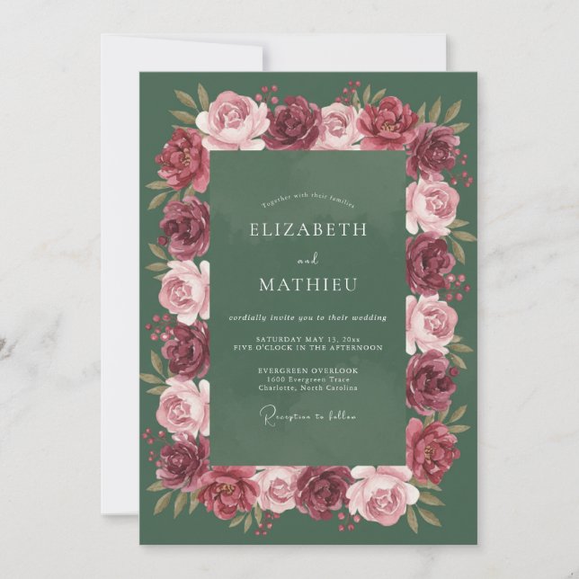 Deep Green Floral Embrace Wedding Invitation (Front)