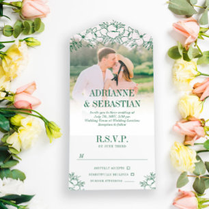 Deep Green Floral Line Art Photo Wedding All In One Invitation