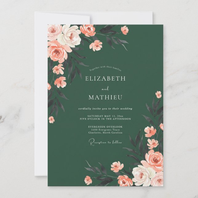 Deep Green Floral Romance Wedding Invitation (Front)