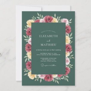 Deep Green Floral Wedding Invitation
