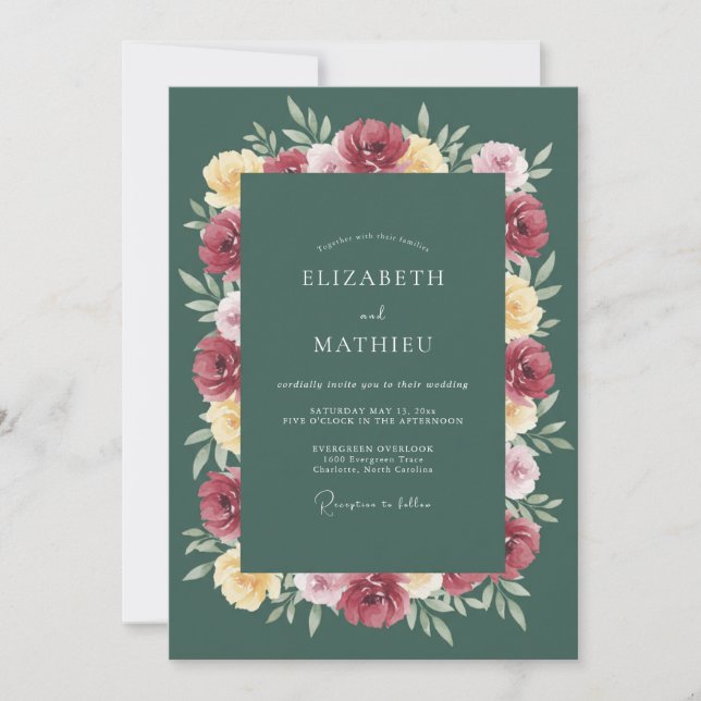 Deep Green Floral Wedding Invitation (Front)