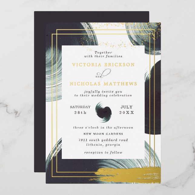 Deep Green Gold Abstract Boho Wedding Invitation (Front/Back)