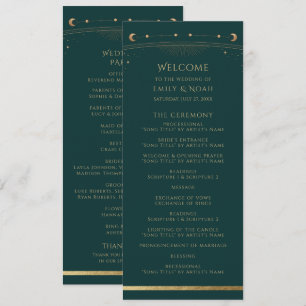 Deep Green Gold Celestial Sun Moon Stars Wedding Programme