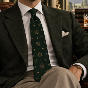 Deep Green Heraldic Laurel Fleur De Lis Pattern Tie