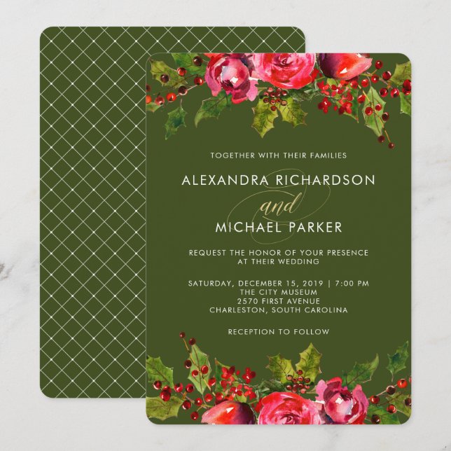 Deep Green Holiday Floral Wedding Invitation (Front/Back)