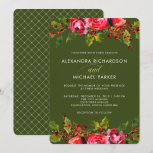Deep Green Holiday Floral Wedding Invitation