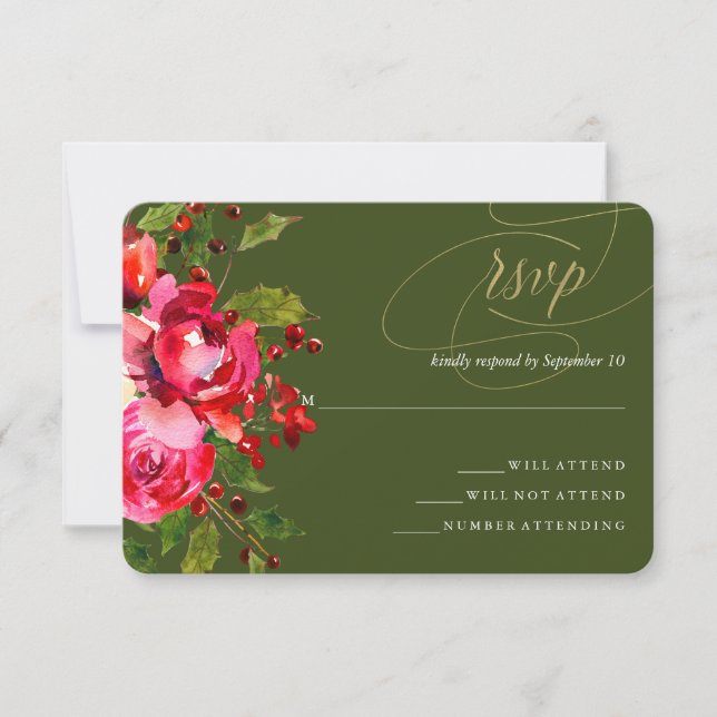 Deep Green Holiday Floral Wedding RSVP Card (Front)