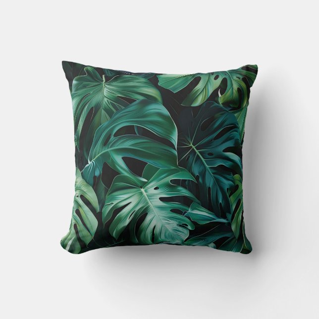 Deep green jungle monstera leaves exotic flora cushion (Front)