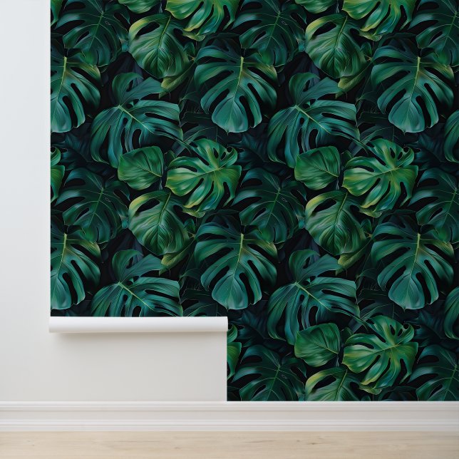 Deep green jungle monstera leaves exotic flora wallpaper (Application)