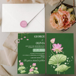 Deep Green Lotus Flower Indian Wedding Invitation