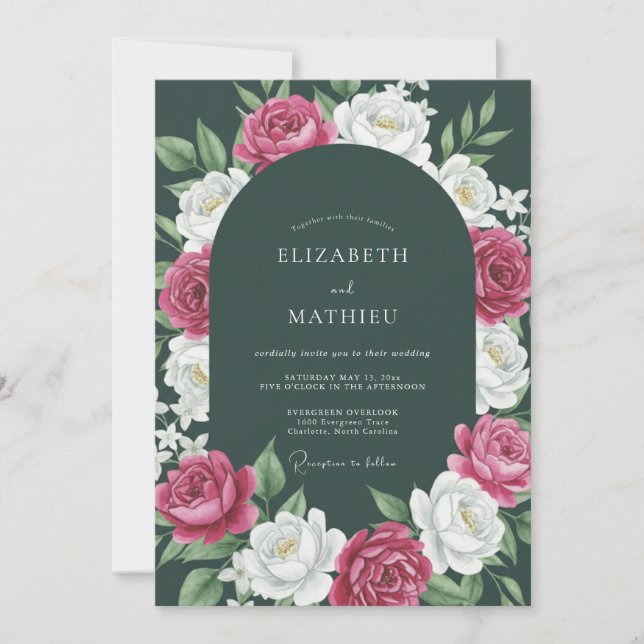 Deep Green Magenta Floral Wedding Invitation (Front)
