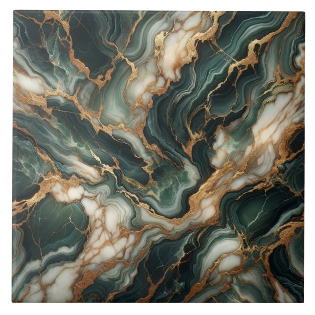 Deep Green Marble, Gold Veins, Seamless Luxury Tile (Front)