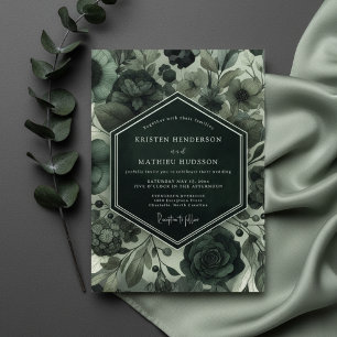 Deep Green Moody Floral Wedding Invitation