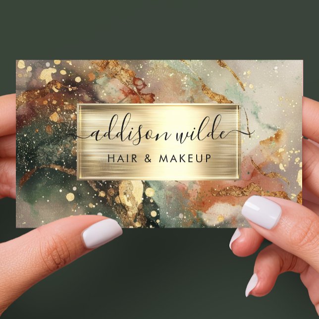 Deep Green Peach And Gold Watercolor Marble  Business Card (Creator Uploaded)