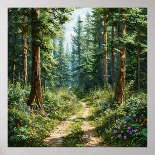 🌲 Deep Green Pine Forest Misty Landscape Nature  Poster