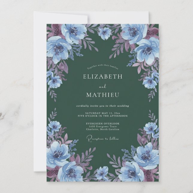 Deep Green Powder Blue Floral Wedding Invitation (Front)