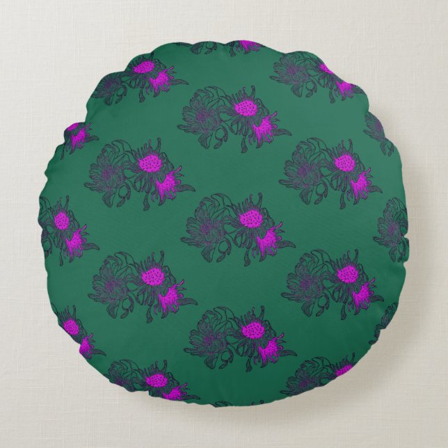Deep Green Purple Floral Round Pillow (Front)