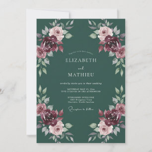 Deep Green Romantic Floral Embrace Wedding Invitation