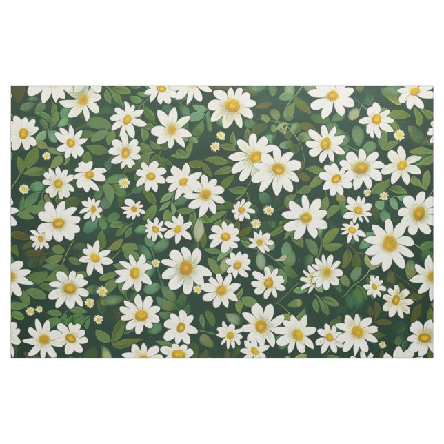 Deep Green Small White Daisies Floral Pattern Fabric (Yard)