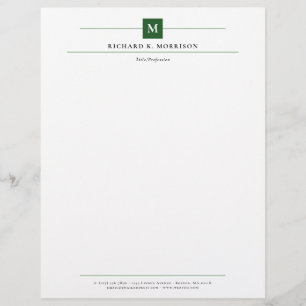 Deep Green Square Monogram Elegant Minimalist Custom Letterhead