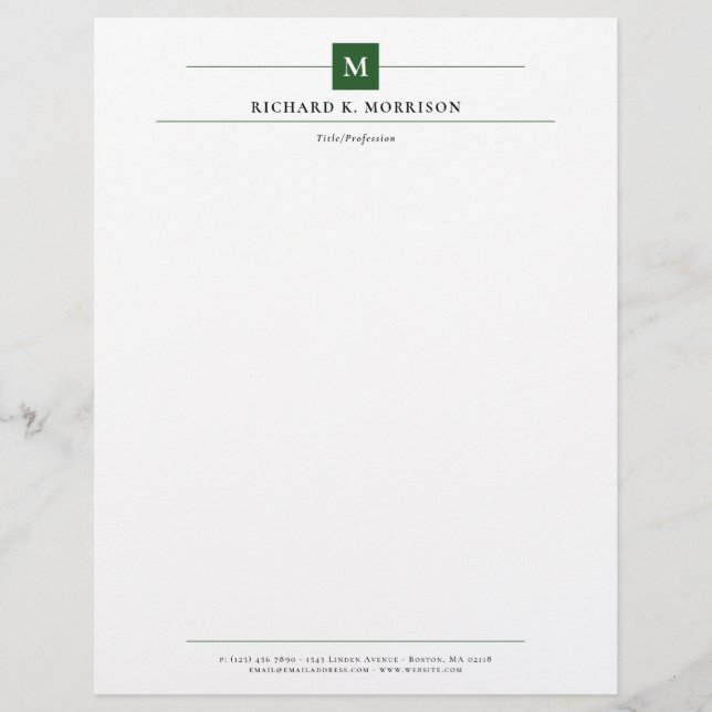 Deep Green Square Monogram Elegant Minimalist Custom Letterhead (Front)
