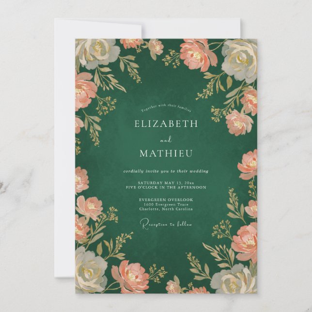 Deep Green Vintage Floral Wedding Invitation (Front)