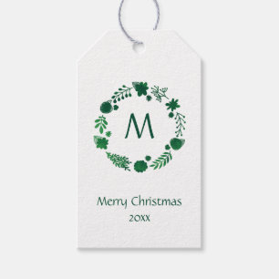 Deep Green Watercolor Christmas Wreath Monogram Gift Tags