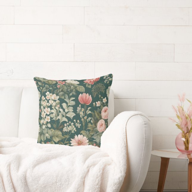 Deep Green with Pastel Woodsy Flowers Cushion (Couch)