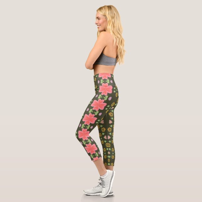 Deep Green With Rose Pink Floral Capri Leggings (Left)