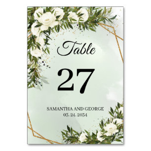 Deep Greenery foliage olive white roses gold frame Table Number