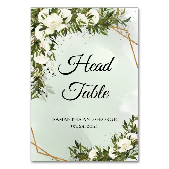 Deep Greenery foliage olive white roses gold head  Table Number (Front)
