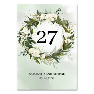 Deep Greenery foliage olive wreath white roses Table Number