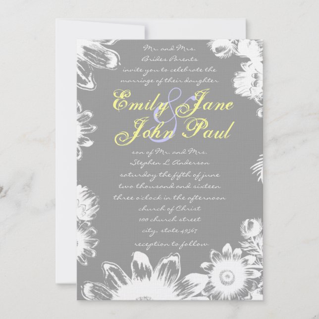 Deep Grey Yellow Lilac Flower Wedding Invitation (Front)