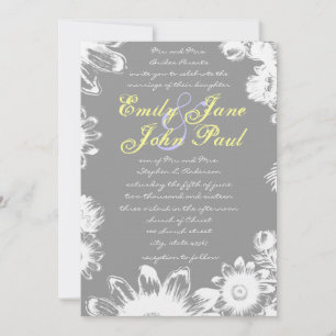 Deep Grey Yellow Lilac Flower Wedding Invitation