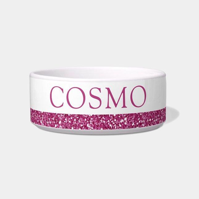 Deep Hot Pink Fuchsia Glitter Sparkle Name Pet Bowl (Front)