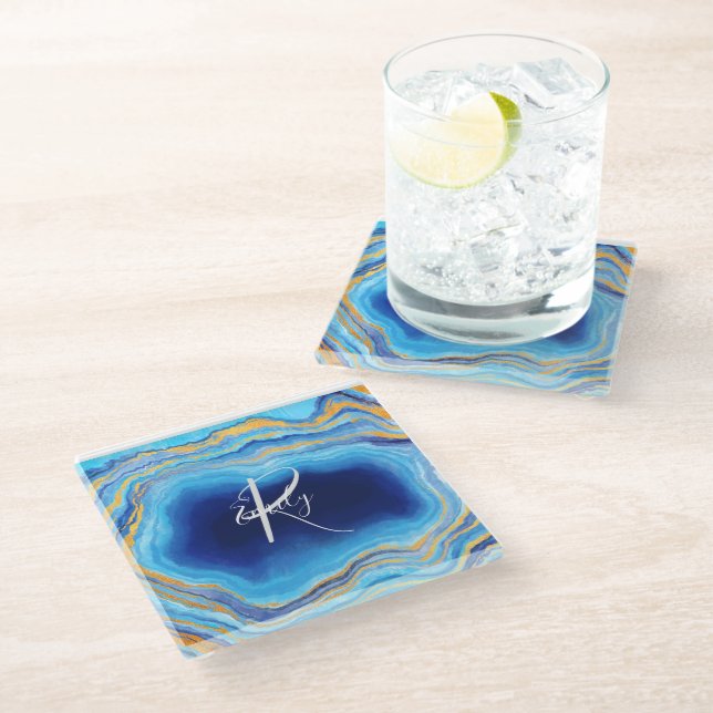 Deep Indigo Agate Marble Abstract Name Monogram Co Glass Coaster (Angled)