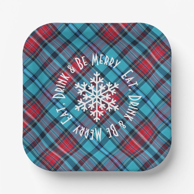 Deep Indigo, Aqua, Red & Shades of Blue Plaid Paper Plate (Front)